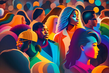 Mob of People in Abstract Style with High Realism and Neon Lighting