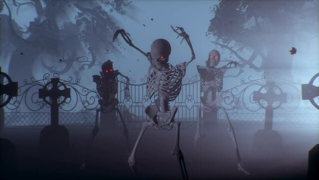 Attacking skeletons at night in the cemetery. Skeletons with red burning eyes in a graveyard in the fog. Halloween concept.