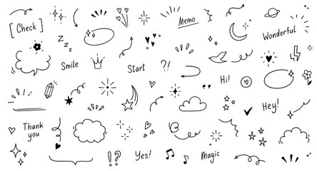 Doodle cute star, sparkle pen line elements. Doodle heart, emphasis, star, sparkle decoration symbol set icon. Simple sketch line style emphasis, glitter, pattern elements. Vector illustration.