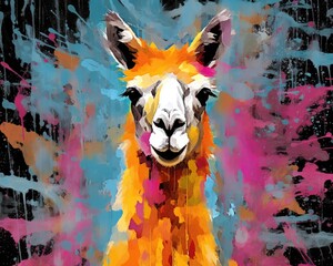 llama  form and spirit through an abstract lens. dynamic and expressive lama print by using bold brushstrokes, splatters, and drips of paint. llama raw power and untamed energy