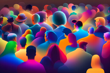 Chromatic Congregation - A Modern, Low-Realism Abstract Group of Crowded People Captured in Multiple Colored Exposure During the Golden Hour with Bright, Harsh Lighting.