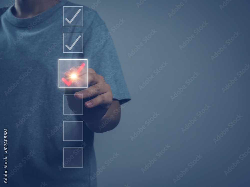 Poster checklist businessman doing red check mark on checklist in business online surveys exam via digital 