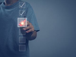 checklist Businessman doing red check mark on checklist in business online surveys Exam via digital window