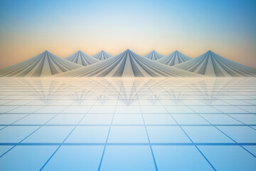 No One Square extends to the mountains with a reflection of the sunset landscape, rendered in 3D.