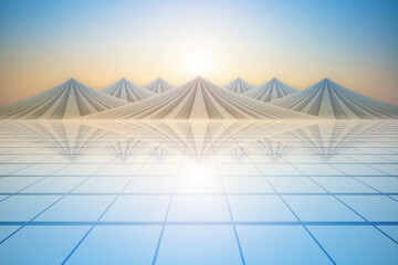 No One Square extends to the mountains with a reflection of the sunset landscape, rendered in 3D.