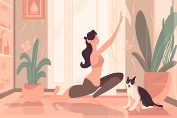 woman dog body training cartoon lifestyle female sport yoga home fitness. Generative AI.