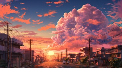 Street photography of a sunset view on a city with pink cloud and romantic sky as an utopic town, reworked and enhanced ai generated mattepainting