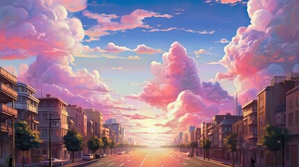 Street photography of a sunset view on a city with pink cloud and romantic sky as an utopic town, reworked and enhanced ai generated mattepainting - obrazy, fototapety, plakaty