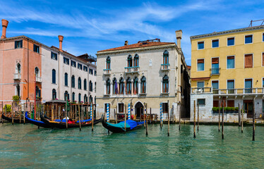 Grand Canal with gondola in Venice, Italy. Architecture and landmarks of Venice. Venice postcard