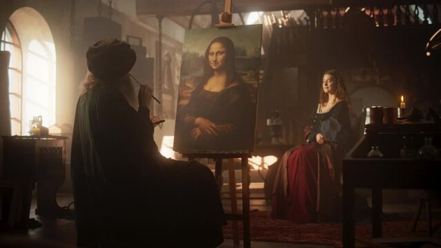 Recreation of Historical Moment: Beautiful Model Giving Life to the Painting of the Mona Lisa By Posing While the Painter Leonardo da Vinci is Making a Portrait of Her in Art Workshop. Renaissance Era