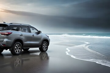 Fototapeta na wymiar Generate an AI image of a black Fortuner car parked on a sandy beach with the waves crashing in the background