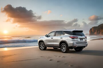 Generate an AI image of a black Fortuner car parked on a sandy beach with the waves crashing in the background