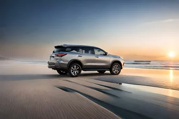 Foto op Canvas Generate an AI image of a black Fortuner car parked on a sandy beach with the waves crashing in the background © Muhammad