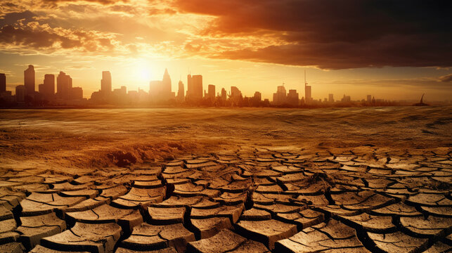 Drought land with city skyline at sunset. Global catastrophe Warning signs that humanity is nearing the end of the world.El Nino Concept.