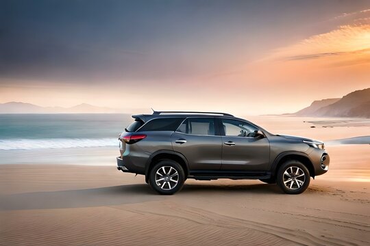 Generate an AI image of a black Fortuner car parked on a sandy beach with the waves crashing in the background