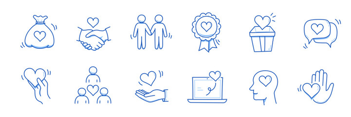 Community trust hand, social heart doodle line icon. Charity community, partnership care, people solidarity help concept icon set. Hand drawn doodle sketch style line. Vector illustration