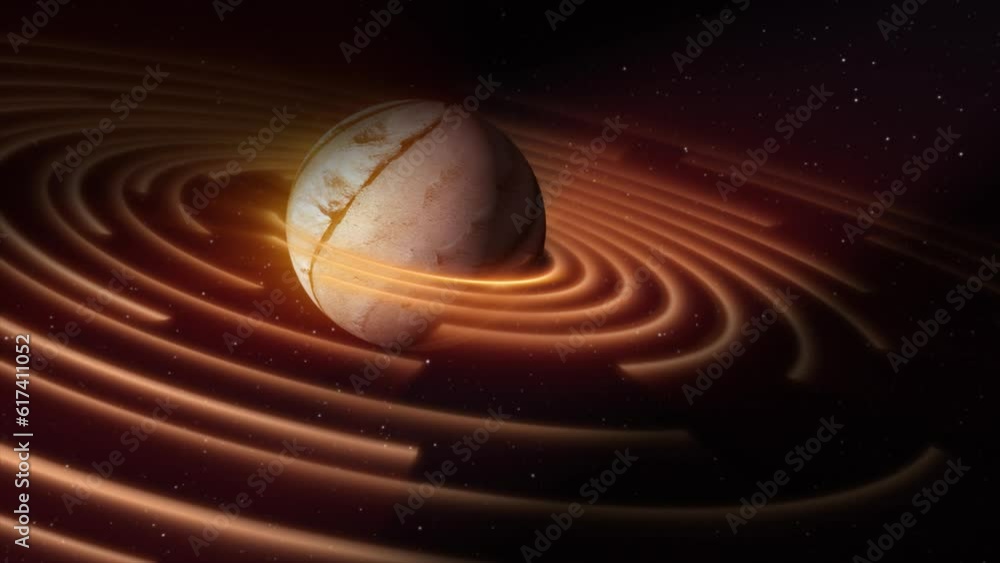 Poster abstract yellow brown space planet with a round asteroid belt ring futuristic hi-tech on the backgro