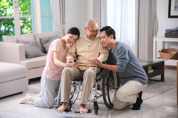 Asian family person health care and insurance at home concept, man and daughter woman take care...