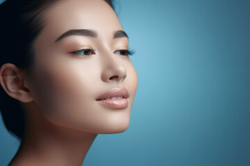 Skin care. Woman with beauty face, healthy facial skin portrait. Beautiful smiling asian girl model with natural makeup touching glowing hydrated skin on blue background closeup