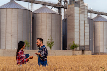 A knowledgeable Chinese agronomist and silo owner meet in a wheat field to assess its readiness for harvest. Engaged in discussion, they compare data and observations, ensuring a thorough evaluation. © DusanJelicic