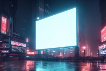 Fototapeta na wymiar white blank billboard at night in a futuristic city mockup