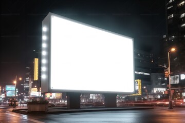 white blank billboard mockup at night in a futuristic neon city