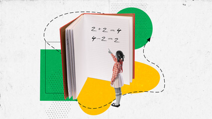 Contemporary art collage. Cute little girl standing in front of huge book. Concept of back to...