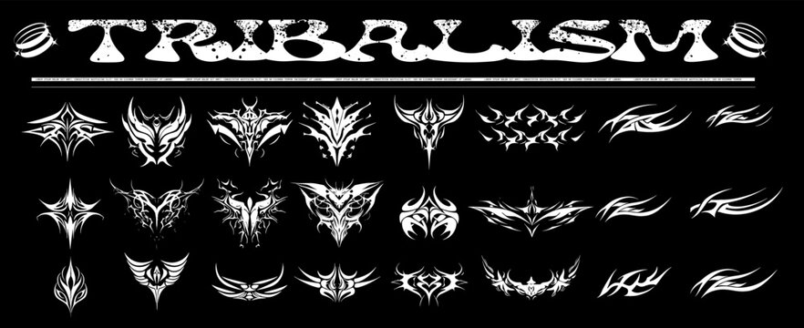Acid Neo-tribal shapes. Abstract ethnic shapes in gothic style. Hand drawn modern elements for typography, tattoo, poster, cover. Vector illustration