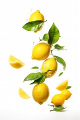 studio photo of fresh lemons falling with water splashes isolated on white background png