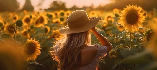 happy realized woman girl in a summer field of sunflowers - obrazy, fototapety, plakaty