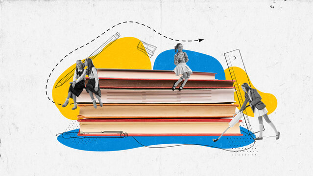 Contemporary art collage. Elementary school students sitting on giant books. Concept of back to school, classmates, education, studying