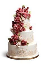 wedding cake with flowers isolated on white background