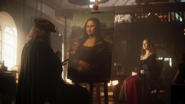 Representation of the Historical Moment of the Genius Leonardo Da Vinci Painting his Muse and Creating his Masterpiece, the Mona Lisa, in his Art Workshop. Pure Talent and Inspiration Put on Canvas