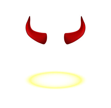 Set of red devil horns and shining angel halo isolated on transparent background