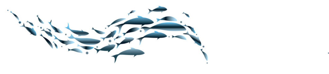 Swimming blue flock of fish. Vector colorful illustration