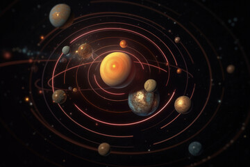 Cosmic Dance: An abstract illustration showcasing a stylized view of the solar system, with planets orbiting the central sun, swirling in a mesmerizing celestial dance.