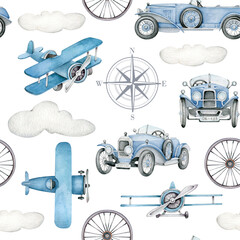 Watercolor baby pattern with retro cars and planes.Kid's pattern.Seamless pattern for boy.Childish ornament.Vintage transport © Victoria