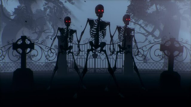 Dancing skeletons in the cemetery at night. Skeletons with red burning eyes in a graveyard in the fog. Halloween concept.
