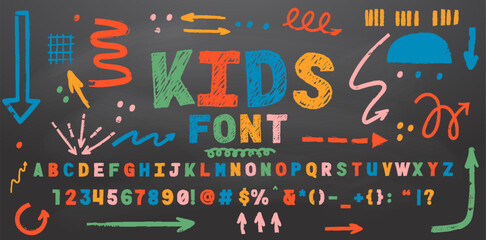 Colorful retro hand drawn alphabet letters drawing with chalk on black chalkboard - obrazy, fototapety, plakaty