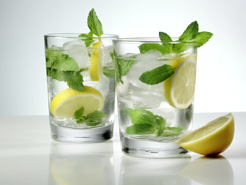 Refreshing Mojito with Lemon Slices and Mint Leaves. Created using generative AI tools