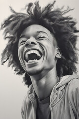laughing poc man with natural afro hair graphite pencil portrait illustration made with generative ai