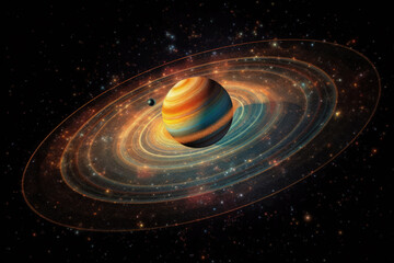 Celestial Symphony: A vibrant planet with intricate rings dances gracefully amidst a starlit cosmic ballet, painted with a tapestry of celestial wonder.