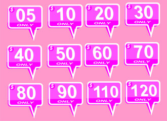 Discount sticker Template from 05, 10, 20, 30, 40, 50, 60, 70, 80, 90, 110, 120, only. Vector template design, Sale, price tag.