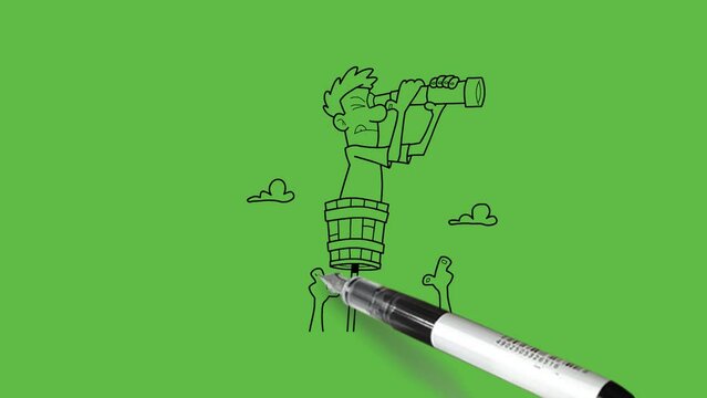 draw young man see far with telescope with black outline on abstract green screen background 
