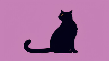 Halloween Black Cat Silhouette Sitting on Pink Background. Simple style. AI Illustration. Concept for Print, web design.