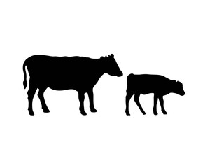 Obraz na płótnie Canvas Silhouette of cow and young calf. Domestic cattle in a farm. Mammal animal logo. Vector illustration in simple black style. Beef meat and milk symbol