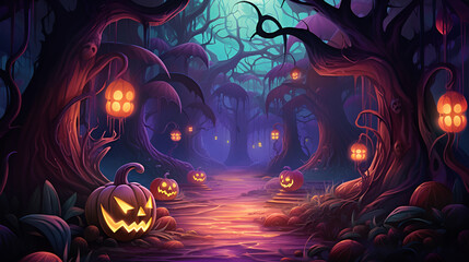 Jack O’ Lanterns In Spooky Forest At Moonlight – Halloween. AI illustration.