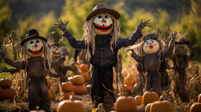 Scary halloween scarecrows in hats on a field. AI illustration. Spooky Halloween night holiday concept. Halloweens background.