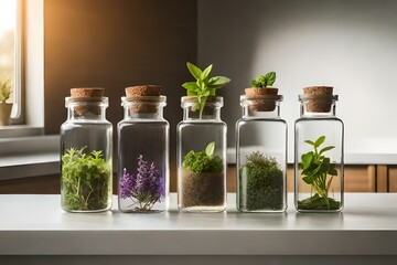 An assortment of colorful herbs, including basil, mint, and rosemary, thriving in glass bottles filled with water, creating a stunning and functional herb garden on a kitchen windowsill. - obrazy, fototapety, plakaty