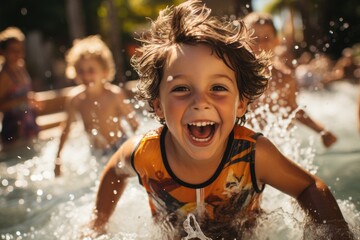 Labor Day Splash - Children Enjoying Pool Time during Family Gathering. Generative AI - obrazy, fototapety, plakaty